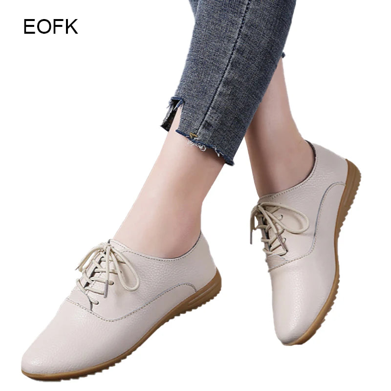 EOFK Spring Autumn Women Oxford Shoes Medical Casual Leather Ballet Flats Lace Up Soft Comfortable Ladies Derbys