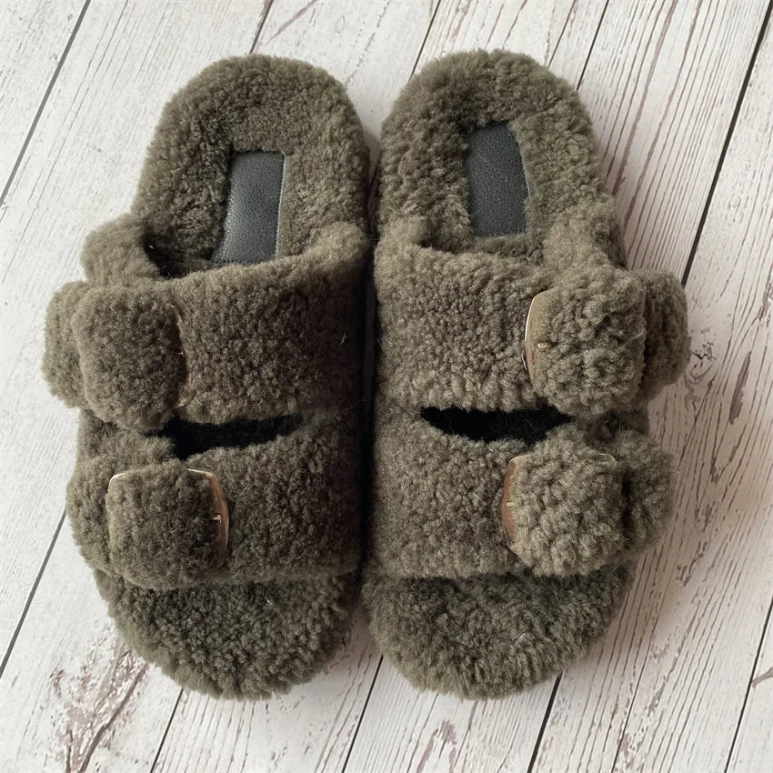 Cute Fluffy House Slippers For Woman Real Lamb Wool Slides Luxury Winter Warm Flip Flops Comfortable Plush Women's Mules Shoes