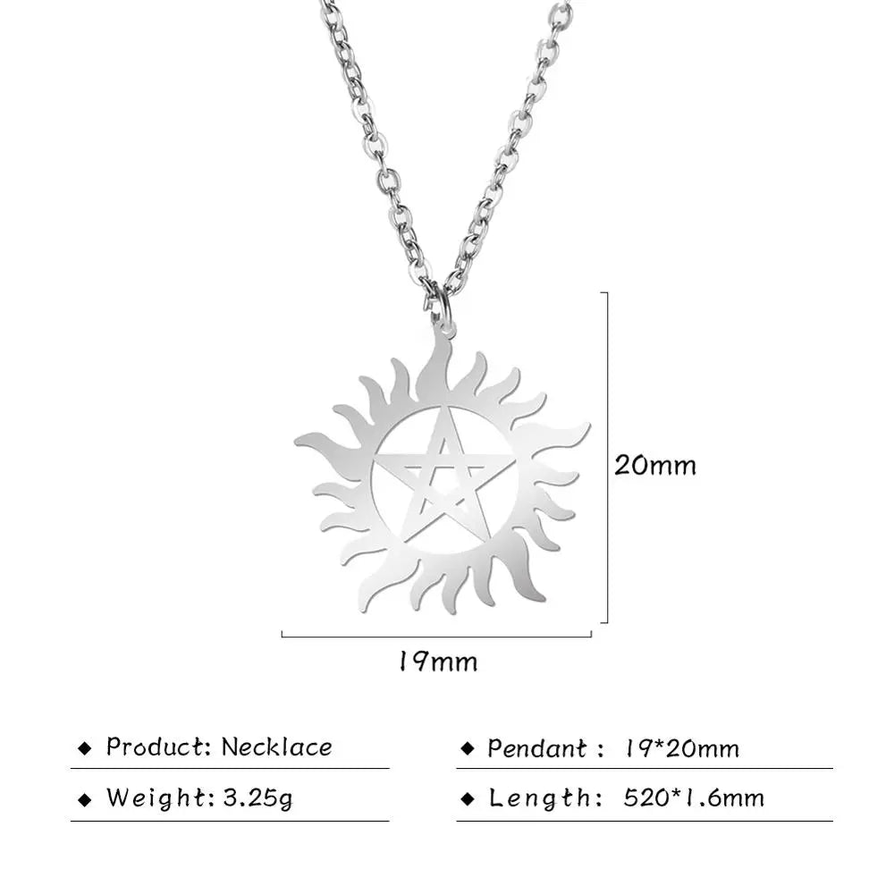Skyrim Stainless Steel Shining Sun Pentagram Pendant Necklace Supernatural Dean Statement Box Chain Necklaces Couple Women Men