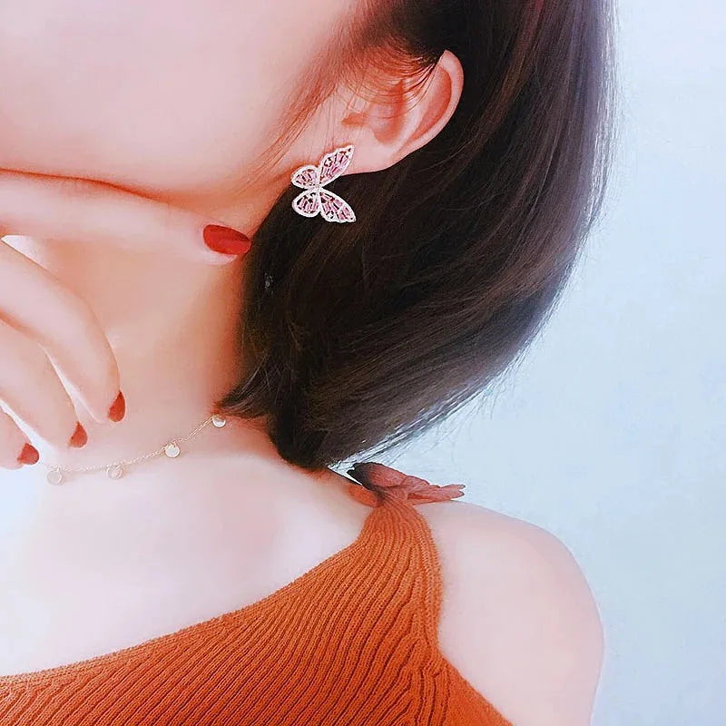2023 New Butterfly Zircon Earrings Women's Korean Luxury Jewelry Literary Style Earrings Net Red Temperament Simple New Earrings
