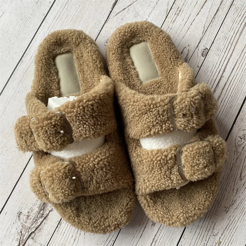 Cute Fluffy House Slippers For Woman Real Lamb Wool Slides Luxury Winter Warm Flip Flops Comfortable Plush Women's Mules Shoes