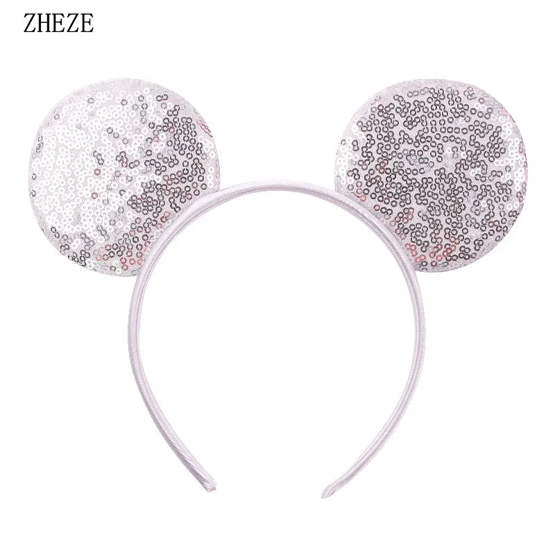 White Day Mouse Ears Headband With Veil Sequins 5"Bow Headwear For Women Festival Hairband Single Party DIY Hair Accessories