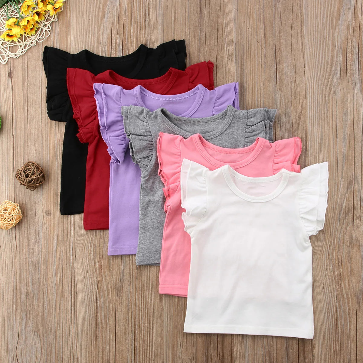 0-6Years Kids T-shirt Baby Girls Ruffle Short Sleeve Shirts Summer Solid Casual Chidren Blouse Tops Kids Clothes Outfits