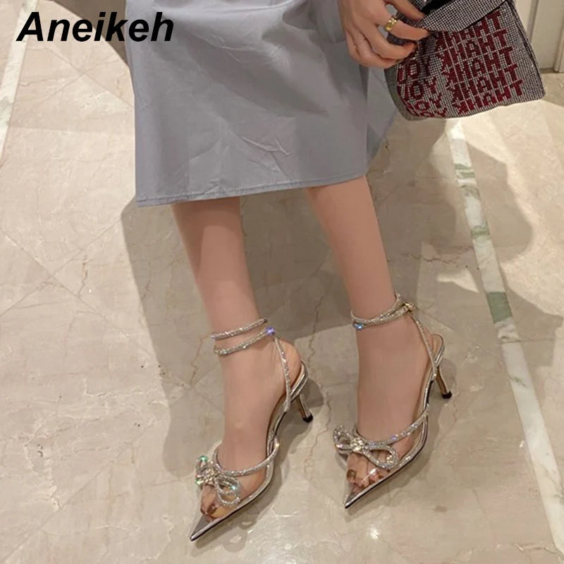 Aneikeh Spring/Autumn 2026 Women's Shoes Fashion Butterfly-Knot Narrow Band Bling Patchwork Cross-Tied Crystal Pointed Toe Pumps