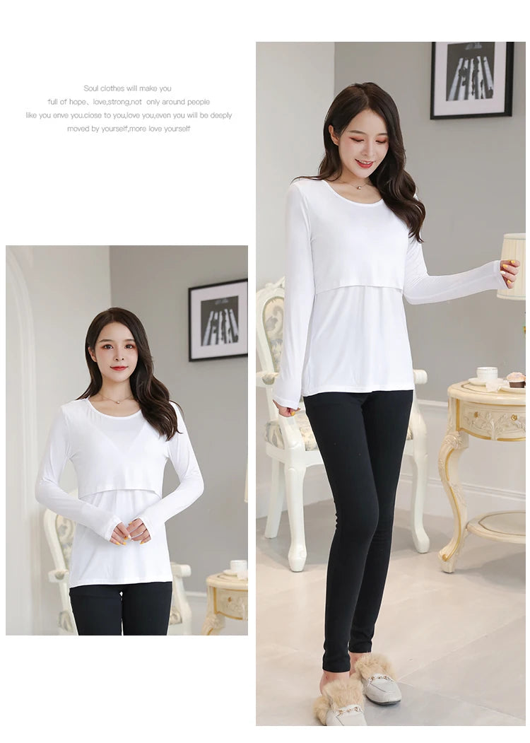 2025 Autumn Long Sleeve O-neck Postpartum Women Nursing T-shirt Maternity Breastfeeding Top Pregnancy Lactation Tees 7 Colors