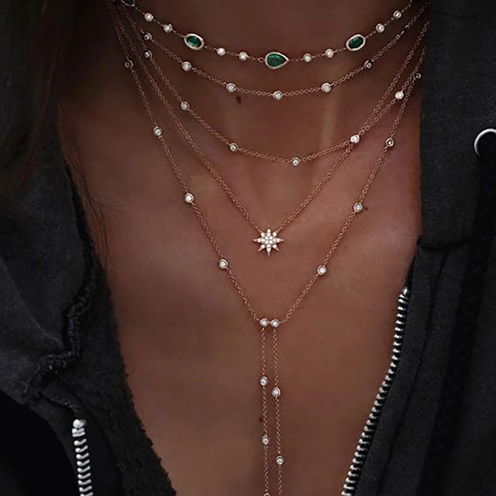 New Vintage Crystal Geometry Star Moon Lock Necklace For Women 2020 Boho Multi-level Pendants Necklaces Chokers Jewelry Gift