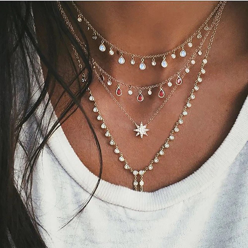 New Vintage Crystal Geometry Star Moon Lock Necklace For Women 2020 Boho Multi-level Pendants Necklaces Chokers Jewelry Gift
