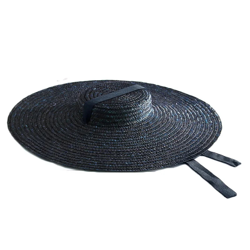 15cm Wide Brim Straw Hat Flat Top Summer Beach Hats for Women Ribbon Boater Hat Sun Hat Gray Black Red Pink Blue With Chin Strap