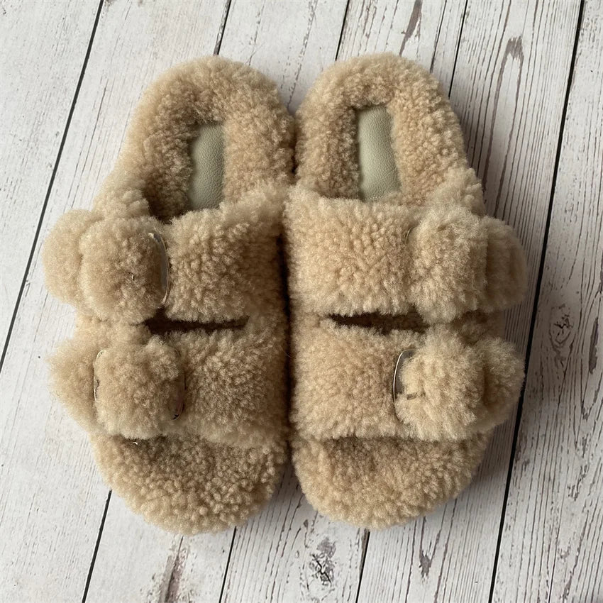 Cute Fluffy House Slippers For Woman Real Lamb Wool Slides Luxury Winter Warm Flip Flops Comfortable Plush Women's Mules Shoes