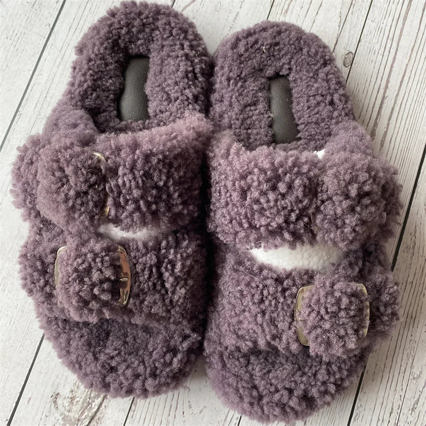 Cute Fluffy House Slippers For Woman Real Lamb Wool Slides Luxury Winter Warm Flip Flops Comfortable Plush Women's Mules Shoes