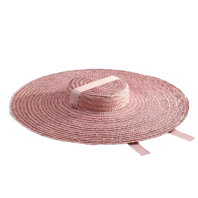 15cm Wide Brim Straw Hat Flat Top Summer Beach Hats for Women Ribbon Boater Hat Sun Hat Gray Black Red Pink Blue With Chin Strap