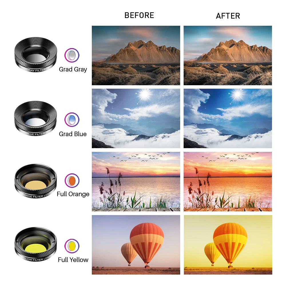 APEXEL 11 in 1 Phone Camera Lens Kit Fisheye Wide Angle Macro Lens CPL ND Filter Kaleidoscope and Telescope Lens for Smartphone