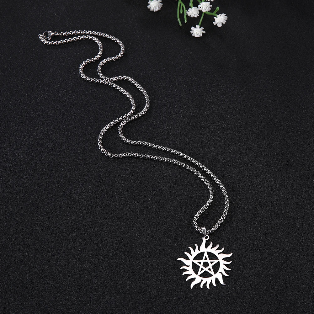 Skyrim Stainless Steel Shining Sun Pentagram Pendant Necklace Supernatural Dean Statement Box Chain Necklaces Couple Women Men