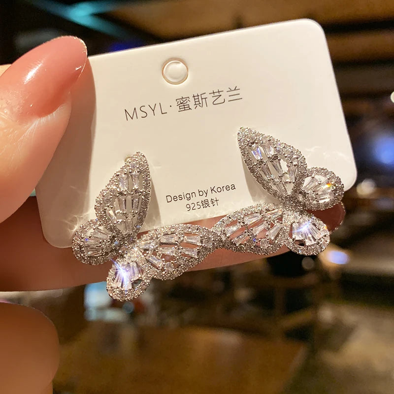 2023 New Butterfly Zircon Earrings Women's Korean Luxury Jewelry Literary Style Earrings Net Red Temperament Simple New Earrings