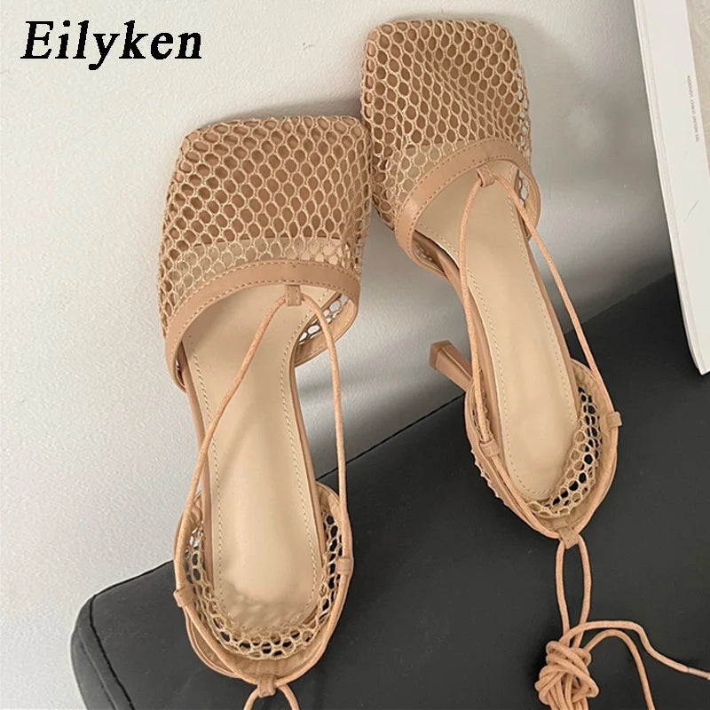 Eilyken Spring Mesh Casual Pumps Sandals Female Square Toe High Heel Lace Up Cross-tied Stiletto Hollow Dress Tacones De Mujer