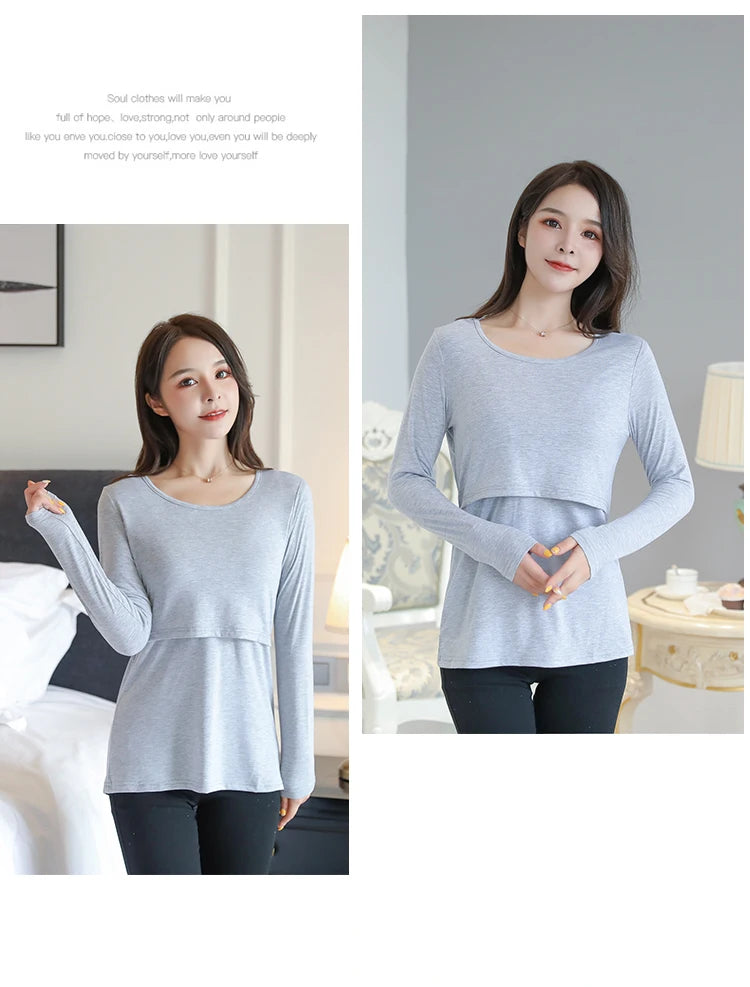 2025 Autumn Long Sleeve O-neck Postpartum Women Nursing T-shirt Maternity Breastfeeding Top Pregnancy Lactation Tees 7 Colors