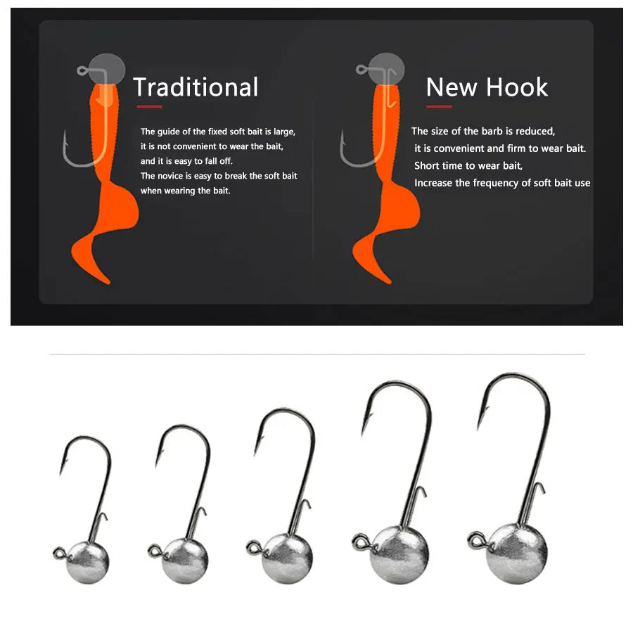 10pcs/lot big head jigs hook 1g-20g All size Round Ball Jig Head Hook Weedless Long Shank Jig Head For Soft Worm Fishing
