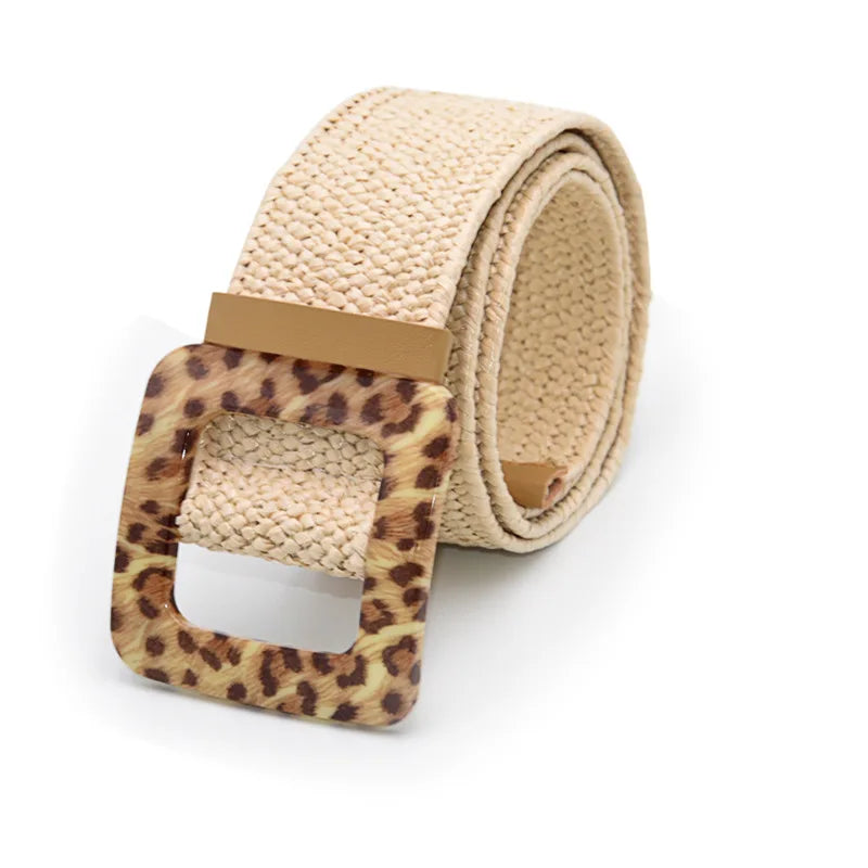 Hot Sale Vintage Boho Braided Waist Belt Summer Female Belt Round Square Leopard Wooden Buckle Fake Straw Wide Belts For Women