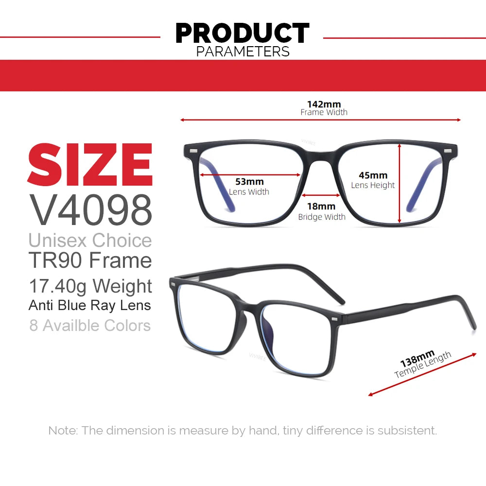 VIVIBEE Classic Square Blue Light Blocking Men Glasses Computer Gaming TR90 Black Anti Ray Eyeglasses Better Sleep Clear Eyewear