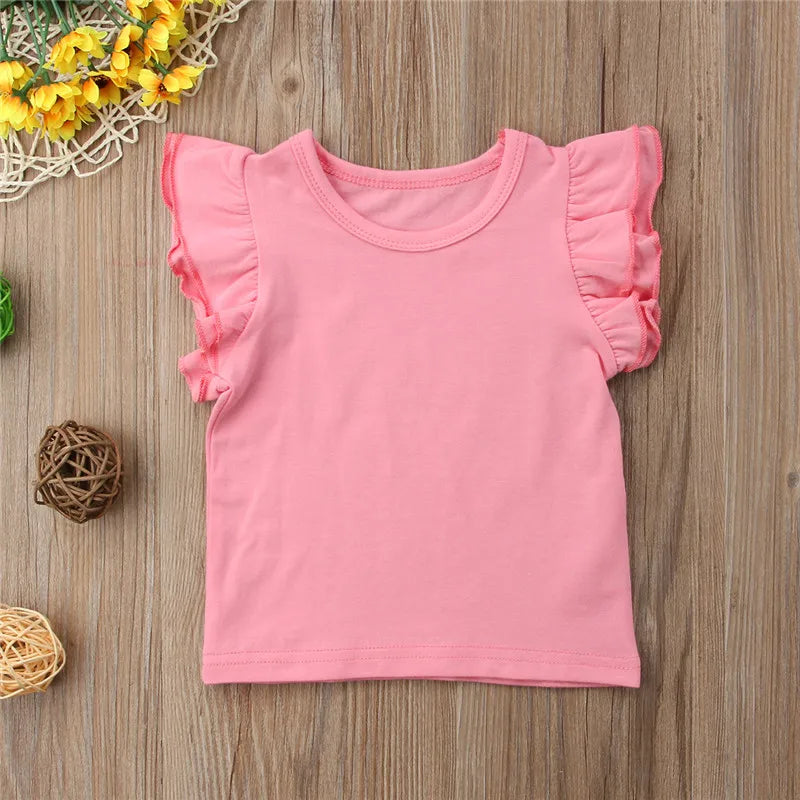 1-6Years Infant Girls T-Shirt Cotton Flying Sleeves T-Shirt For Girls Summer Solid Black White Pink Red Tee Tops