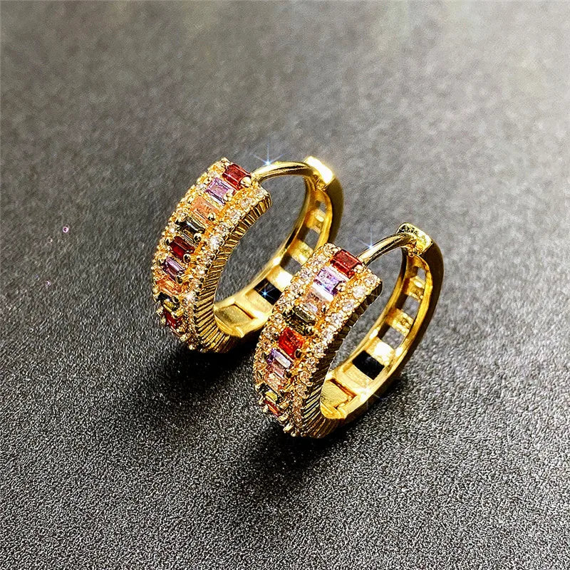 Huitan Gold Color Hoop Earrings for Women Luxury Inlaid Rainbow Cubic Zirconia Modern Fashion Ear Accessories Hot Jewelry