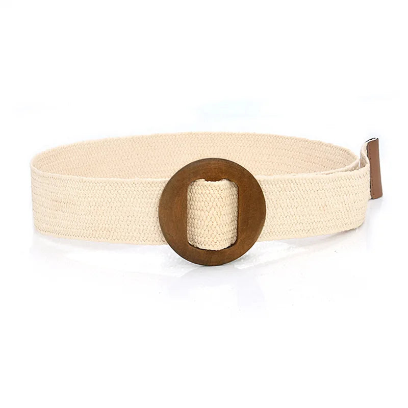 Hot Sale Vintage Boho Braided Waist Belt Summer Female Belt Round Square Leopard Wooden Buckle Fake Straw Wide Belts For Women