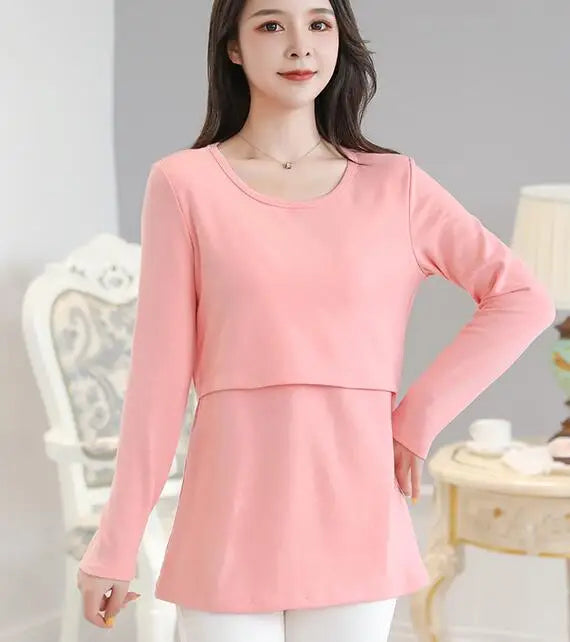 2025 Autumn Long Sleeve O-neck Postpartum Women Nursing T-shirt Maternity Breastfeeding Top Pregnancy Lactation Tees 7 Colors