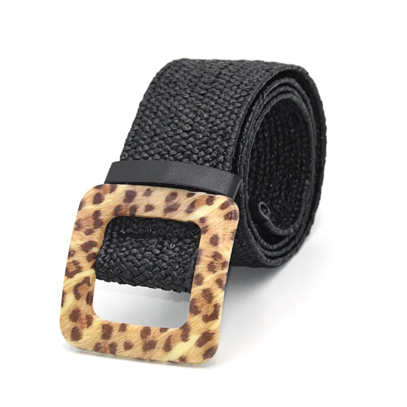 Hot Sale Vintage Boho Braided Waist Belt Summer Female Belt Round Square Leopard Wooden Buckle Fake Straw Wide Belts For Women