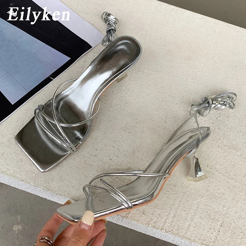Eilyken Summer Fashion Silver Narrow Band Women Sandals Square Toe Gladiator Ankle Lace-up Casual Thin Low Heels Shoes