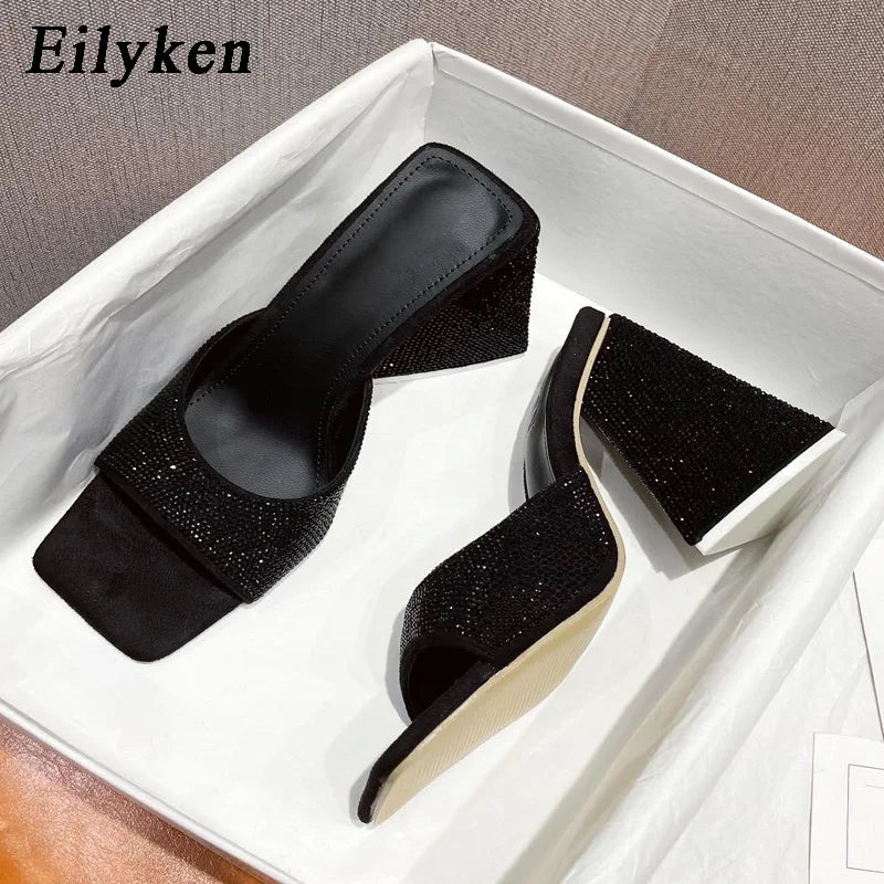 Eilyken Summer CRYSTAL Triangle Thick Heel Slippers Sexy Street Woman Square Toes Dress Party Shoes Size 35-41