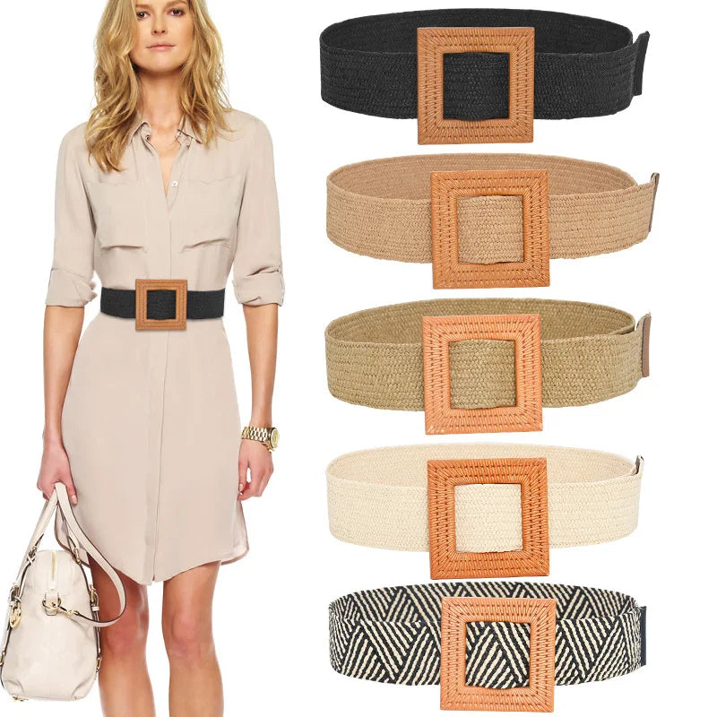 Hot Sale Vintage Boho Braided Waist Belt Summer Female Belt Round Square Leopard Wooden Buckle Fake Straw Wide Belts For Women