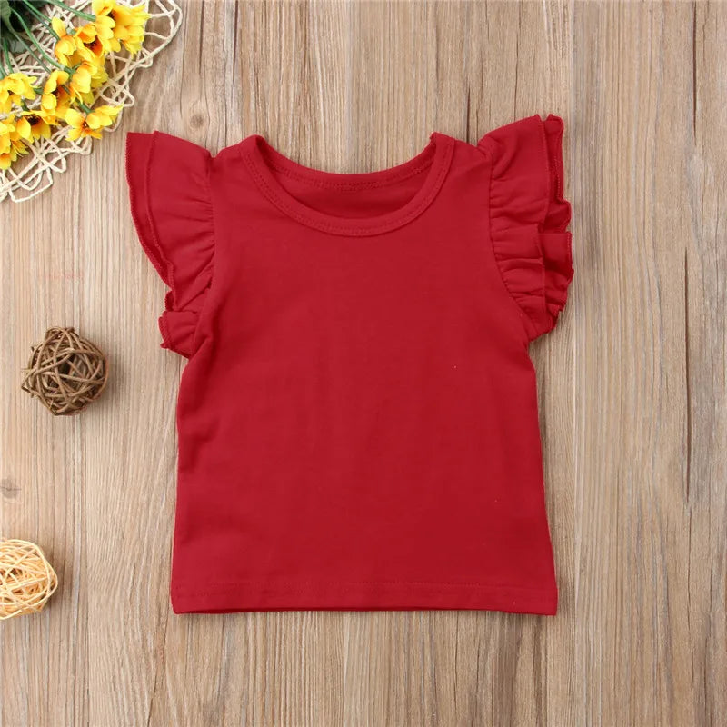 1-6Years Infant Girls T-Shirt Cotton Flying Sleeves T-Shirt For Girls Summer Solid Black White Pink Red Tee Tops