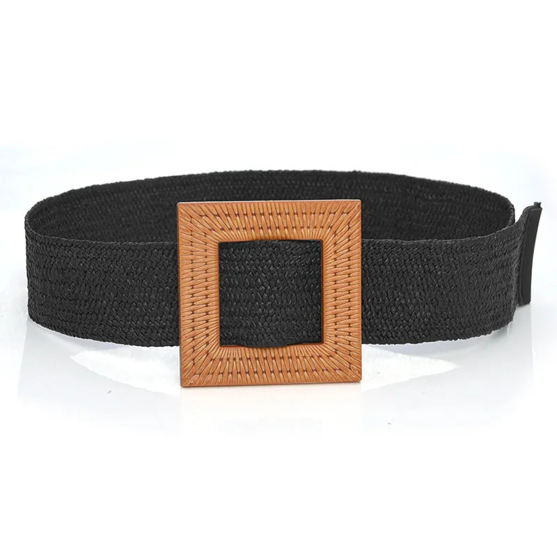 Hot Sale Vintage Boho Braided Waist Belt Summer Female Belt Round Square Leopard Wooden Buckle Fake Straw Wide Belts For Women