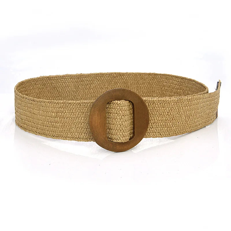 Hot Sale Vintage Boho Braided Waist Belt Summer Female Belt Round Square Leopard Wooden Buckle Fake Straw Wide Belts For Women