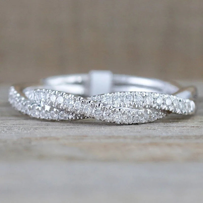 Huitan Fashion Twist Rings for Women Band White CZ Simple Stylish Accessories Party Daily Versatile Jewelry