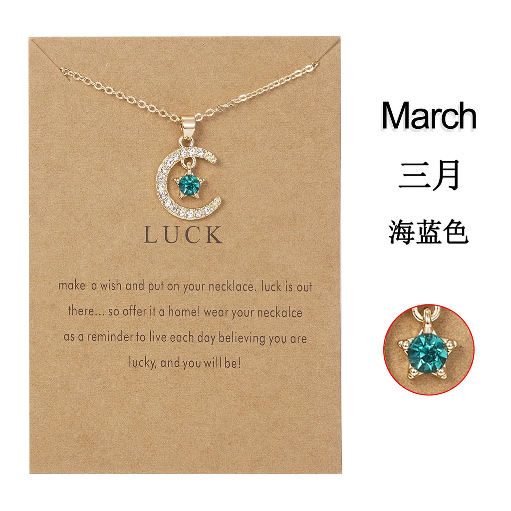 Fashion Personality Birthstone Moon Star Crystal Pendant Necklace for Women Clavicle Chain Choker Birthday Party Jewelry Gift