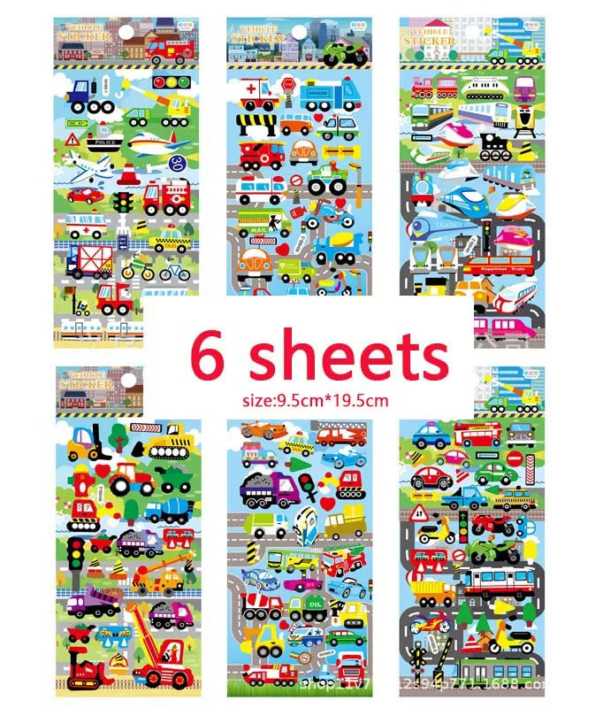 6 Sheets 3D Bubble Sticker Car Truck Plane Traffic Waterproof Cartoon Anime Stickers For Girl Boy Kids Funny Educational Toys