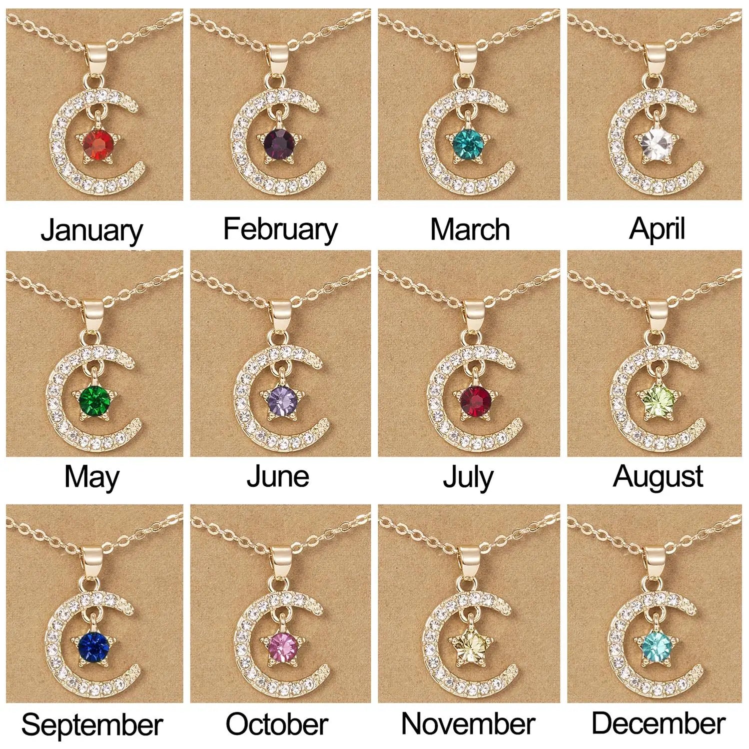Fashion Personality Birthstone Moon Star Crystal Pendant Necklace for Women Clavicle Chain Choker Birthday Party Jewelry Gift