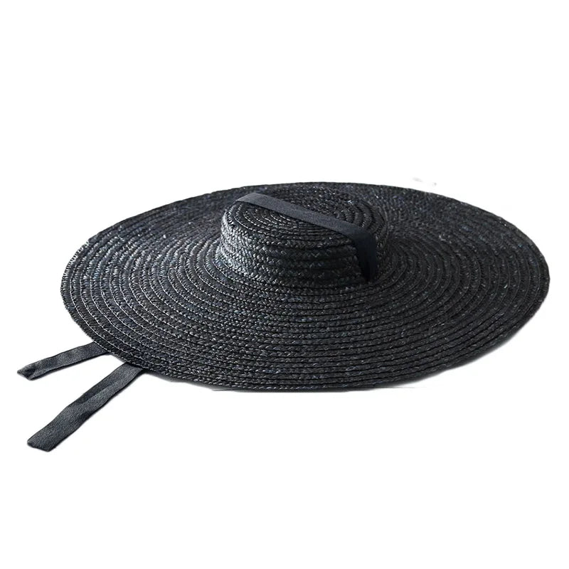 15cm Wide Brim Straw Hat Flat Top Summer Beach Hats for Women Ribbon Boater Hat Sun Hat Gray Black Red Pink Blue With Chin Strap
