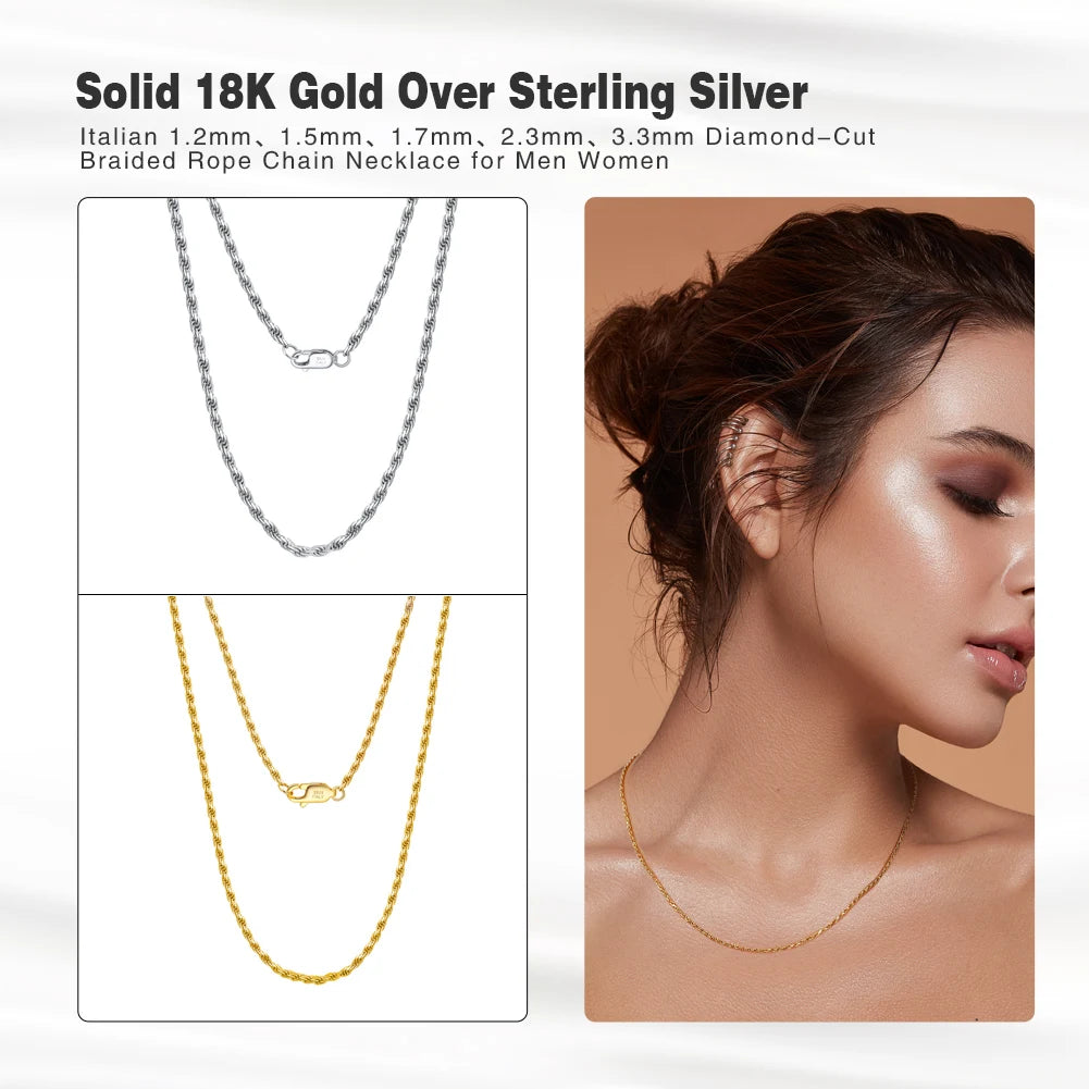 Rinntin Luxury 925 Sterling Silver Diamond-Cut Rope Chain Necklace For Men Women Fashion Italian Silver Neck Chain Jewelry SC29