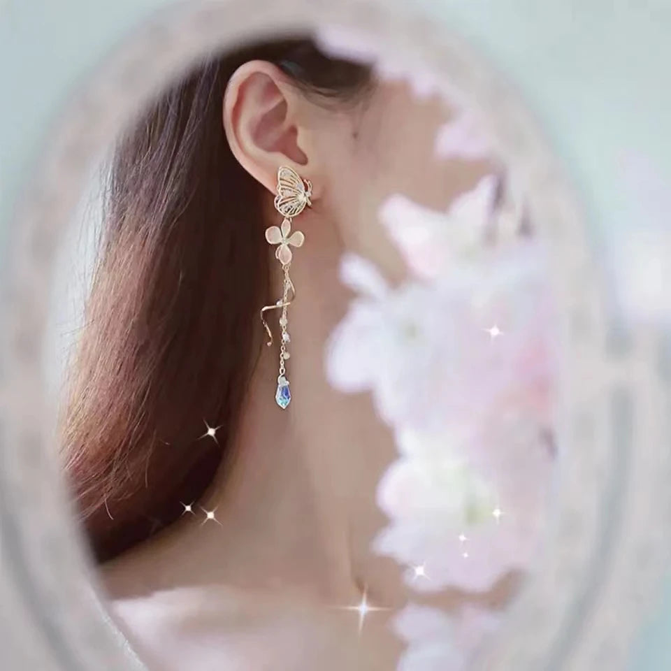 Korean Elegant Butterfly Earrings For Women Exquisite Crystal Zircon Long Tassel Flower Drop Earrings Girls Temperament Jewelry