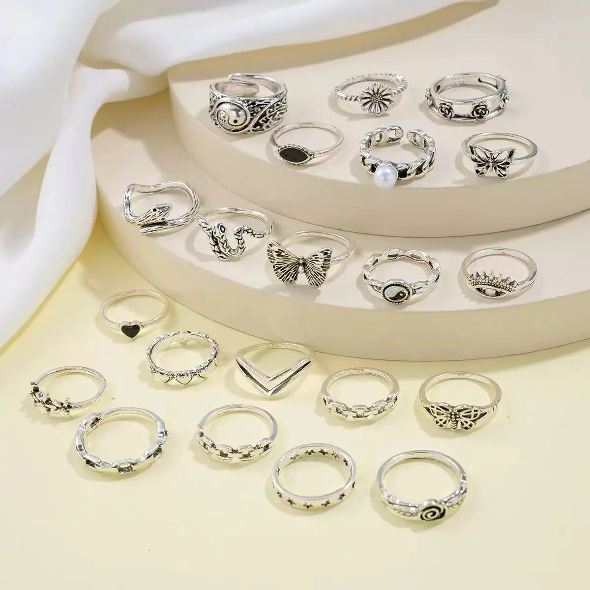 21PCS Cross-border New Punk-Style Butterfly Heart And Tai Chi design Multi-Element Snake Ring SSuits For Men And Women