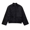 Women Shiny Sequin Jacket Y2k Gold Color Stand Collar Long Sleeve Short Coat Autumn Winter Ladies High Streetwear
