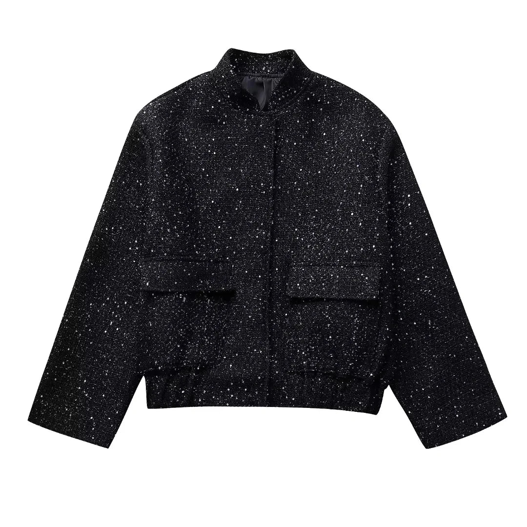 Women Shiny Sequin Jacket Y2k Gold Color Stand Collar Long Sleeve Short Coat Autumn Winter Ladies High Streetwear