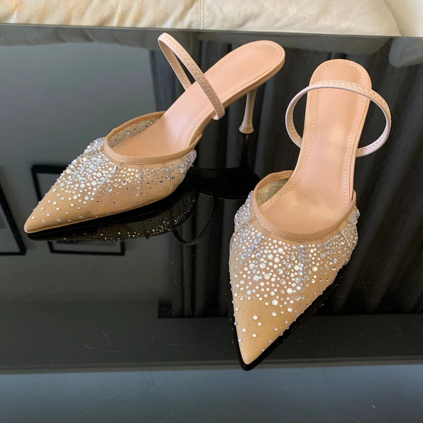 2025 Women High Heels Sandals Summer Fashion Mesh Rhinestone Slingback Woman Pumps Elegant Woman Sandals Party Lady Shoes