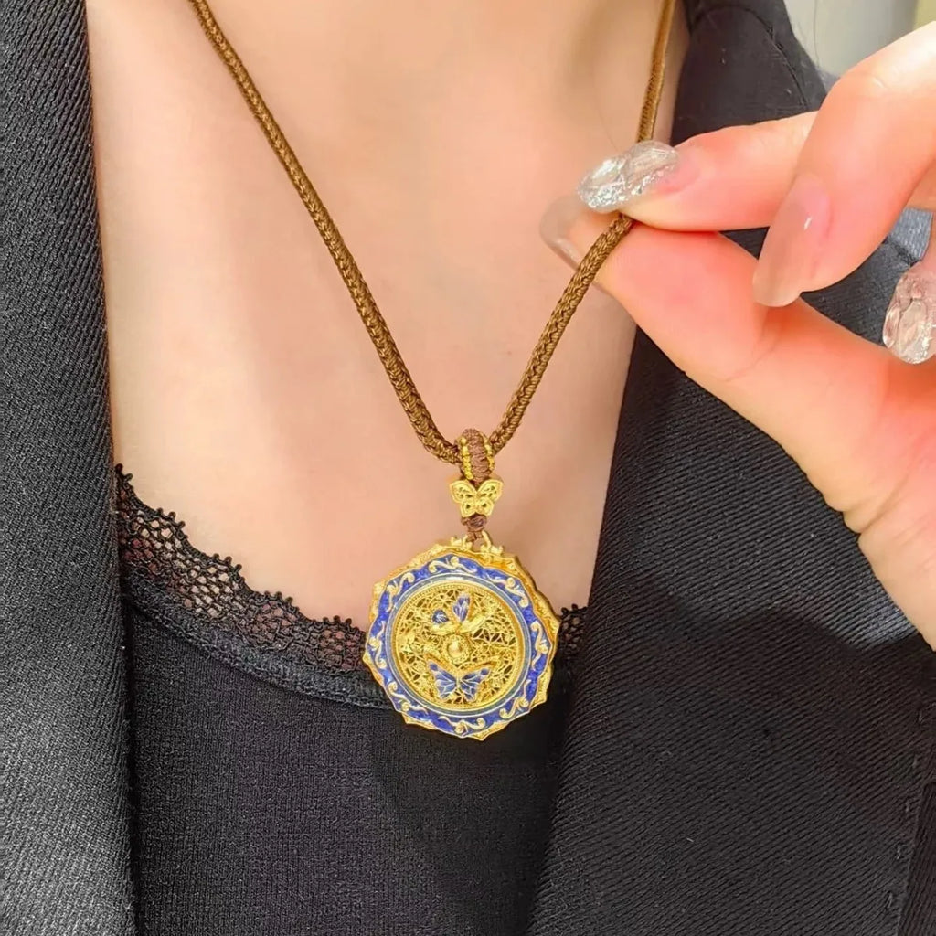Luxury 9999 24K Solid gold certifid butterfly gold wire carved enamel diamond butterfly necklace women's gold clavicle chain