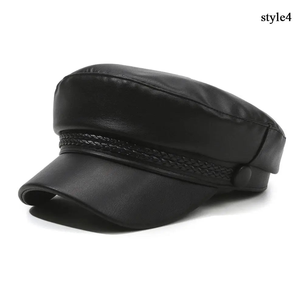 New PU Leather Beret Hat Autumn And Winter Versatile Beret Retro Flat Top Visor Adjustable Black Painter Hat Octagonal Cap