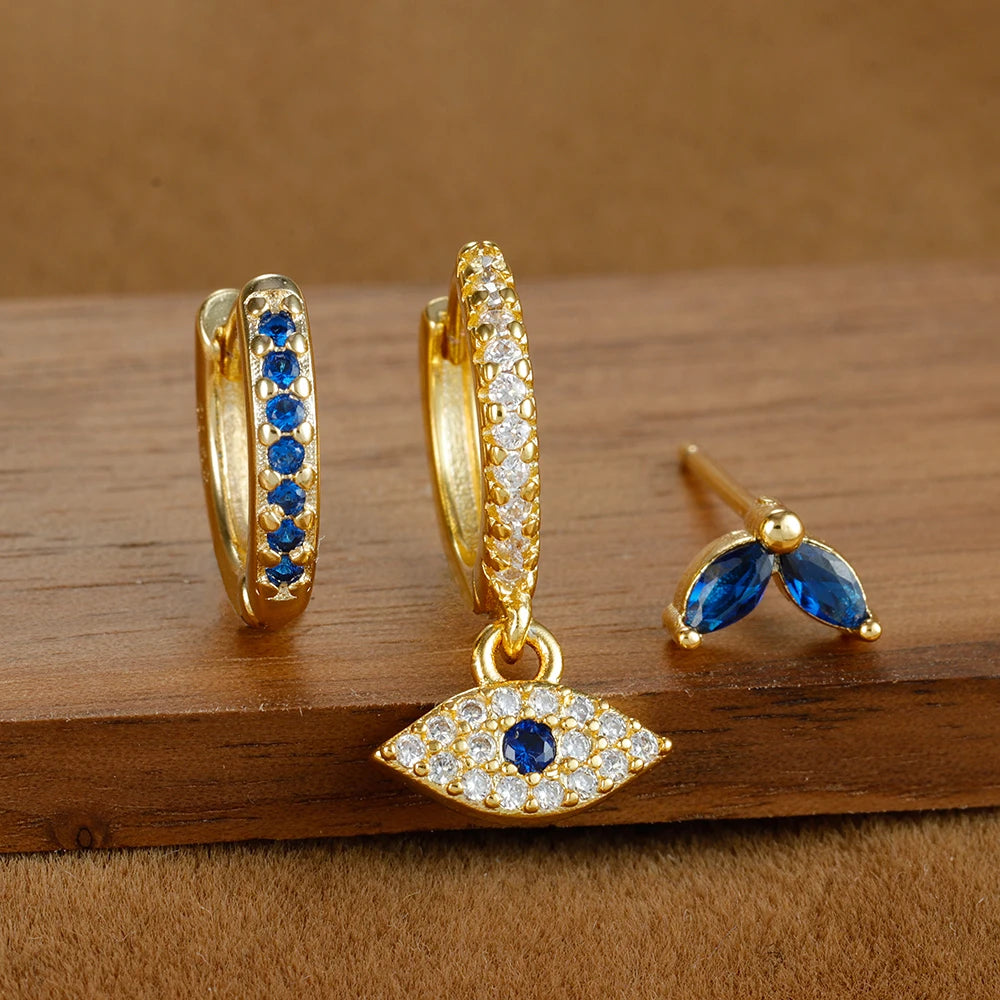 3pcs Stainless Steel Blue Zircon Evil Eye Hoop Earrings Set For Women 18K Gold Plated Cartilage Piercing Earring Fashion Jewelry