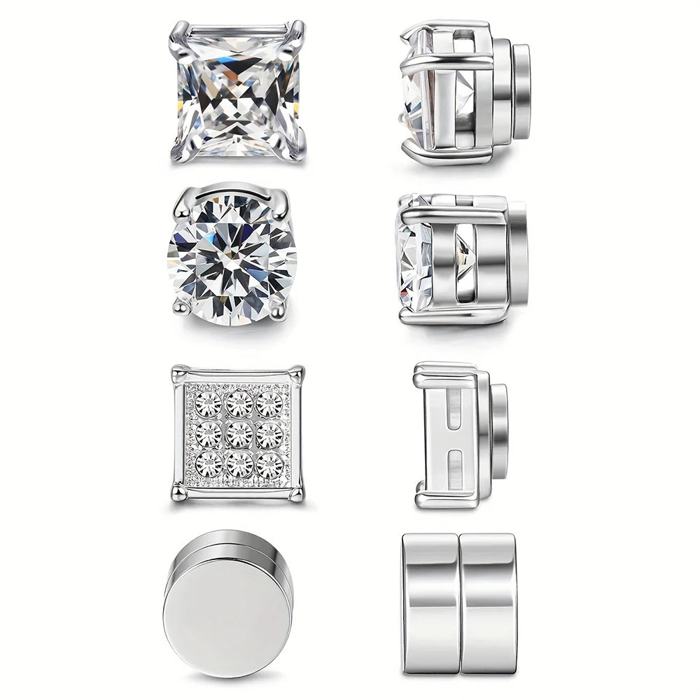 4 Pairs Stainless Steel Magnetic Stud Earrings, Fashion Cubic Zirconia Magnetic Non-piercing Ear Clip For Men