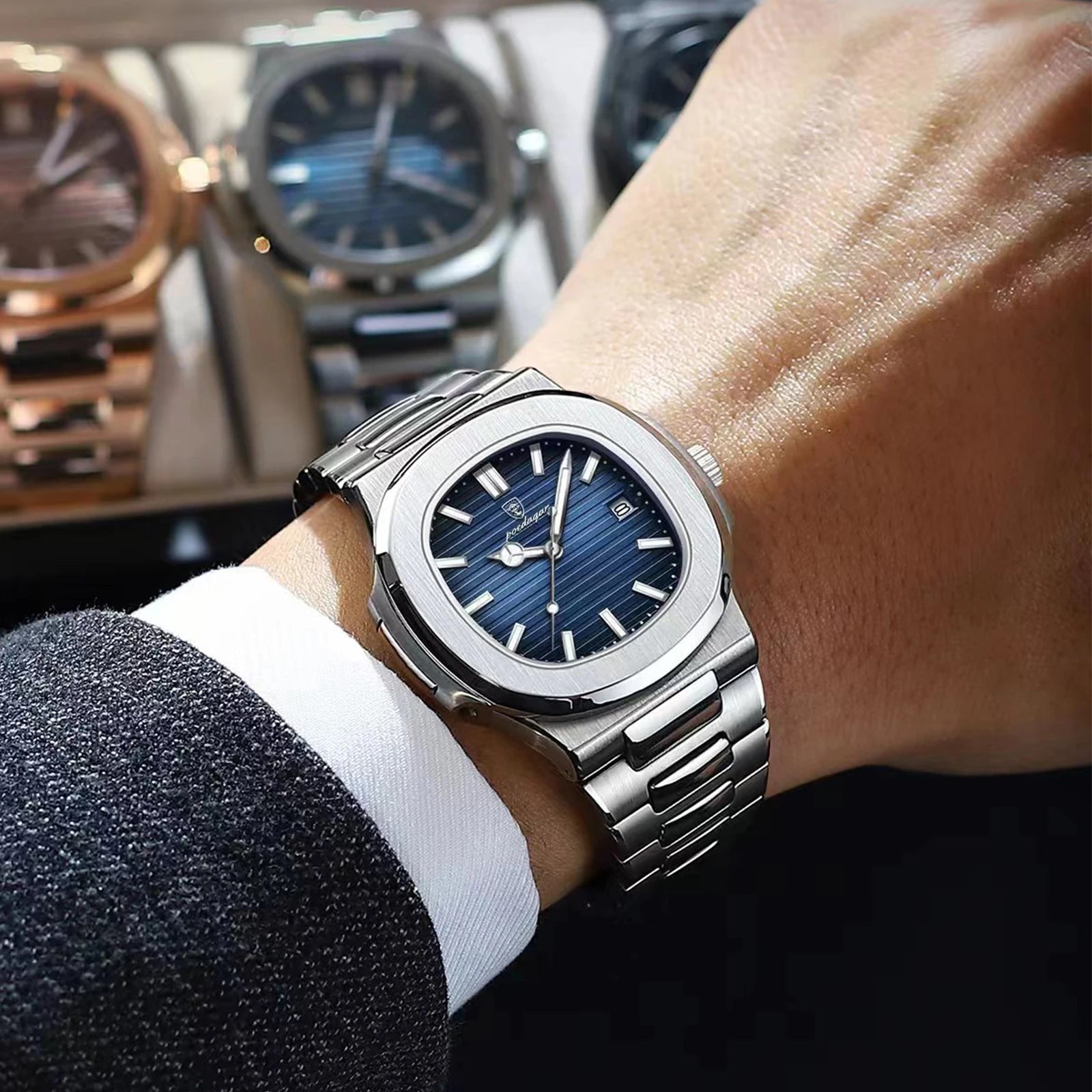 POEDAGAR Fashion Square Quartz Man Clock Waterproof Luminous Date Stainless Steel Watches For Men Luxury Business Men Wristwatch